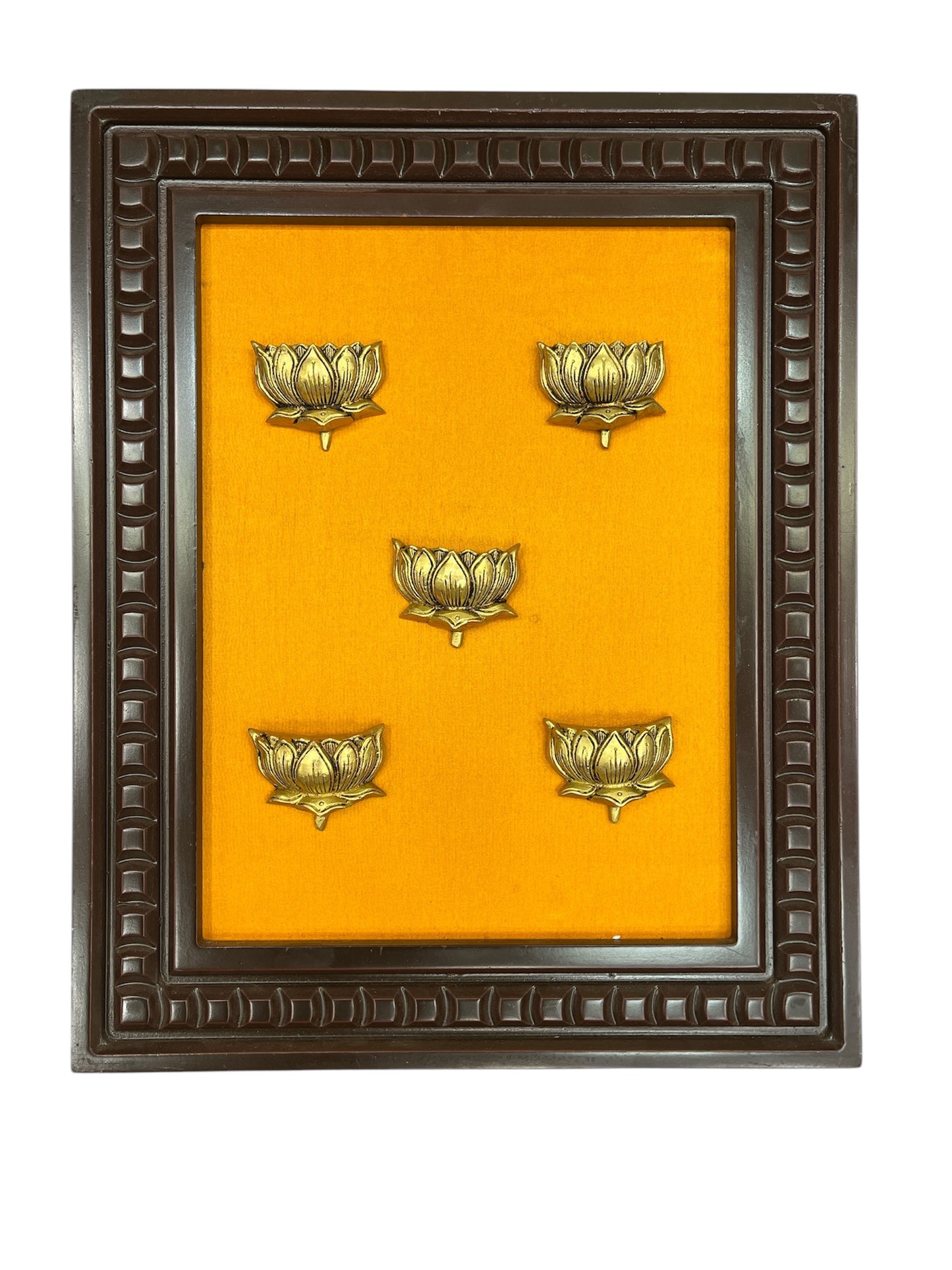 Brass 5 Lotus Pond with yellow silk backdrop in wooden frame