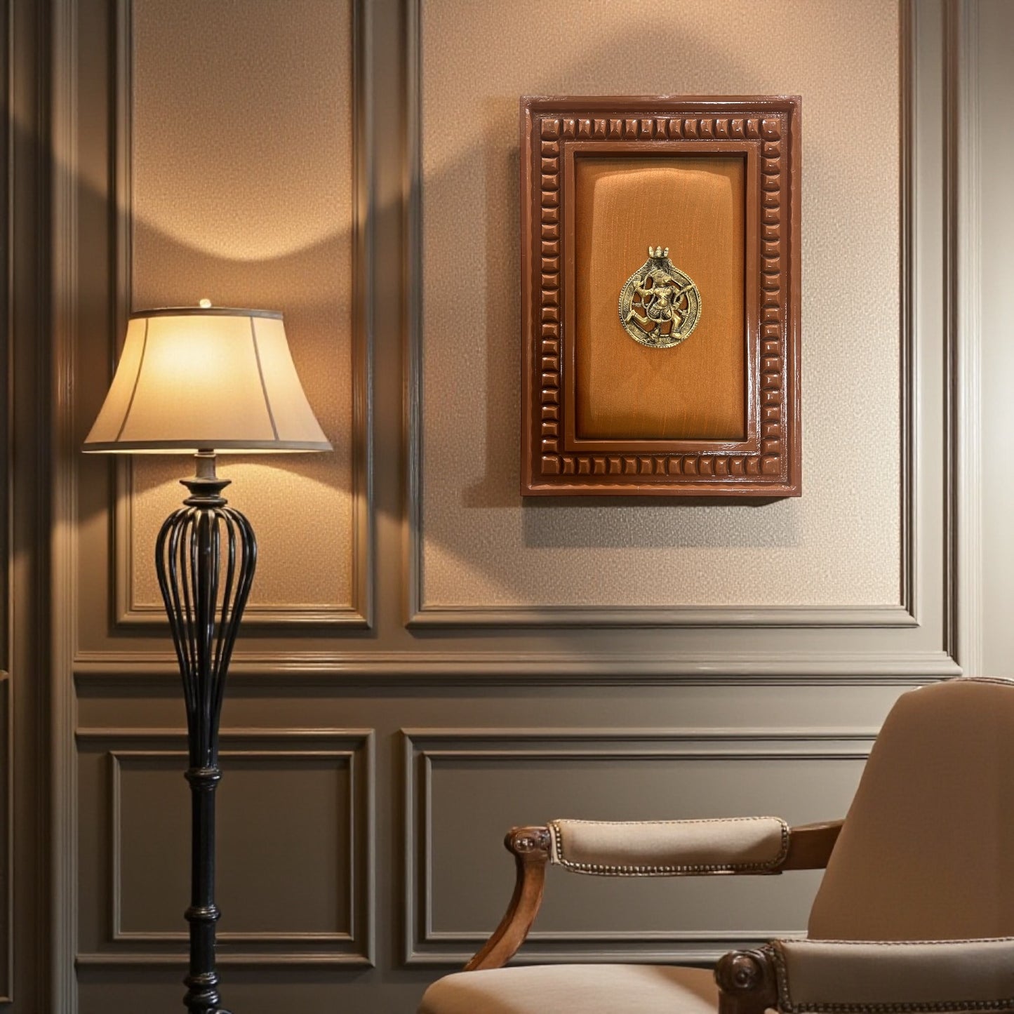 Brass Hanuman with orange silk backdrop in wooden frame