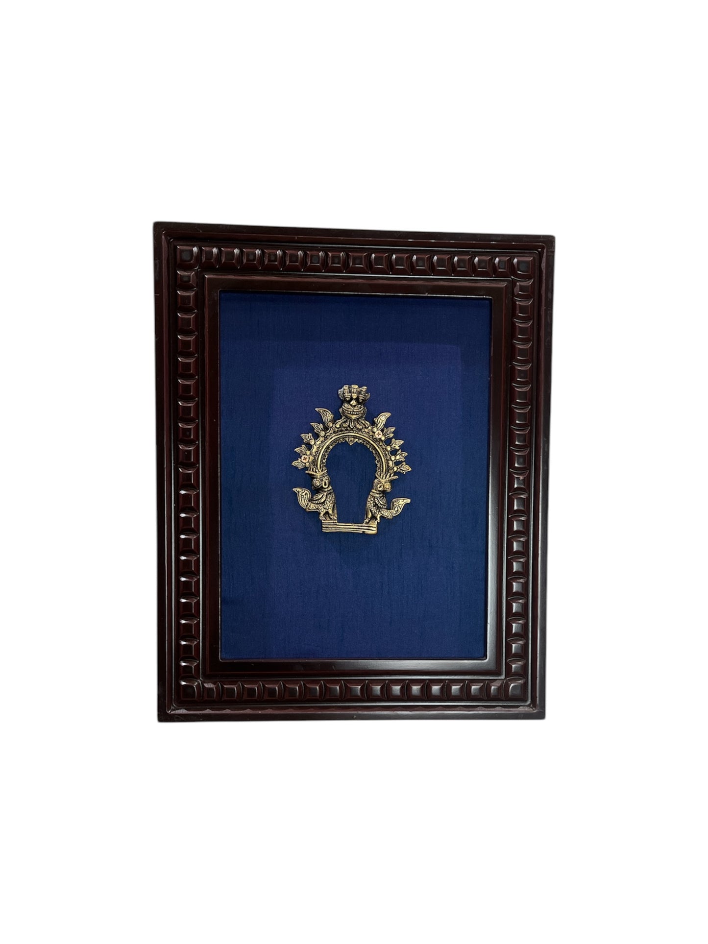 Brass Prabhavali with blue silk backdrop in wooden frame