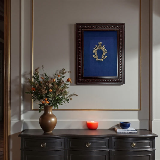 Brass Prabhavali with blue silk backdrop in wooden frame