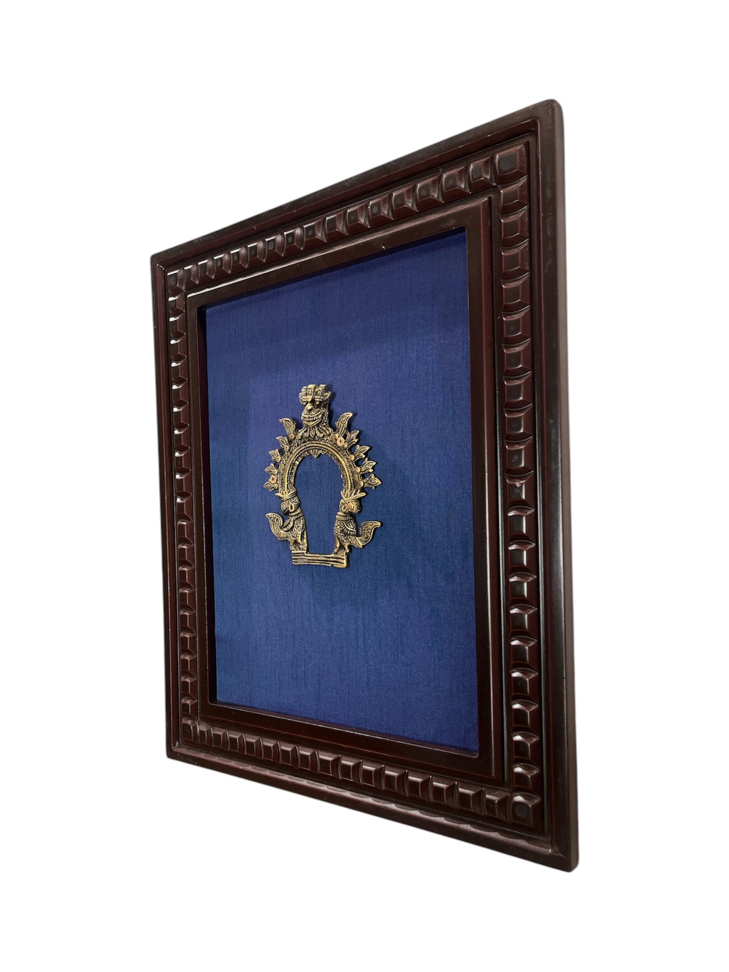 Brass Prabhavali with blue silk backdrop in wooden frame