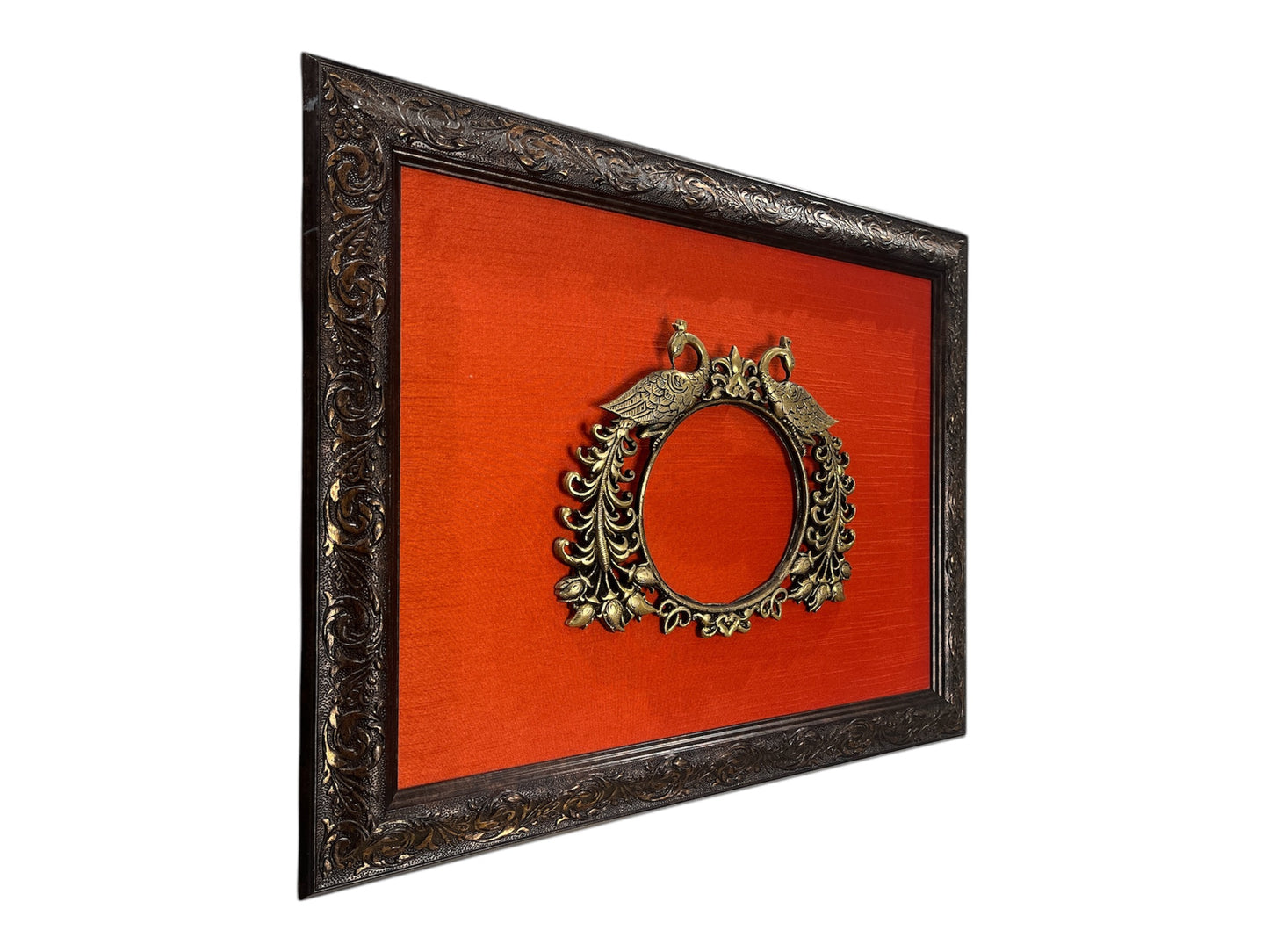 Brass Paired Peacock with orange silk backdrop in moulded frame