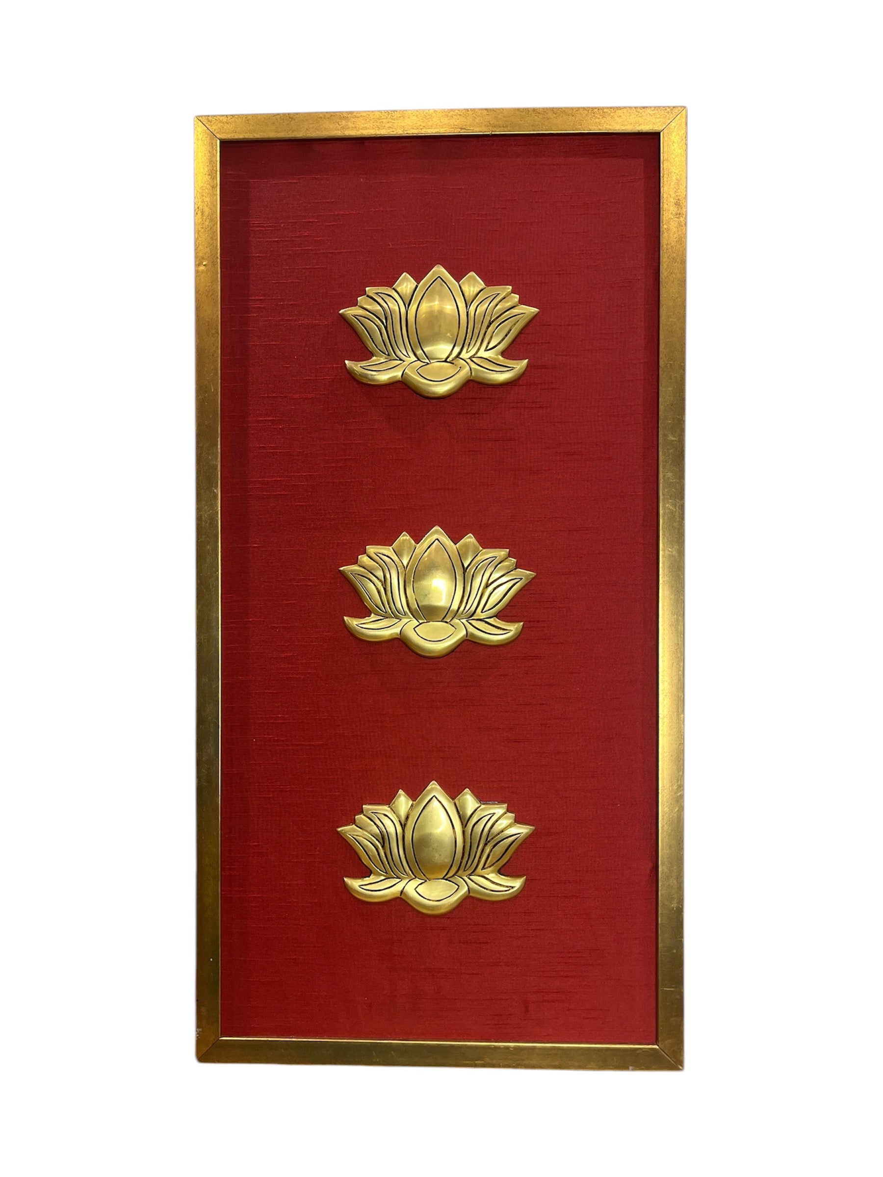 Brass Lotus with Red Silk Backdrop in Golden box frame
