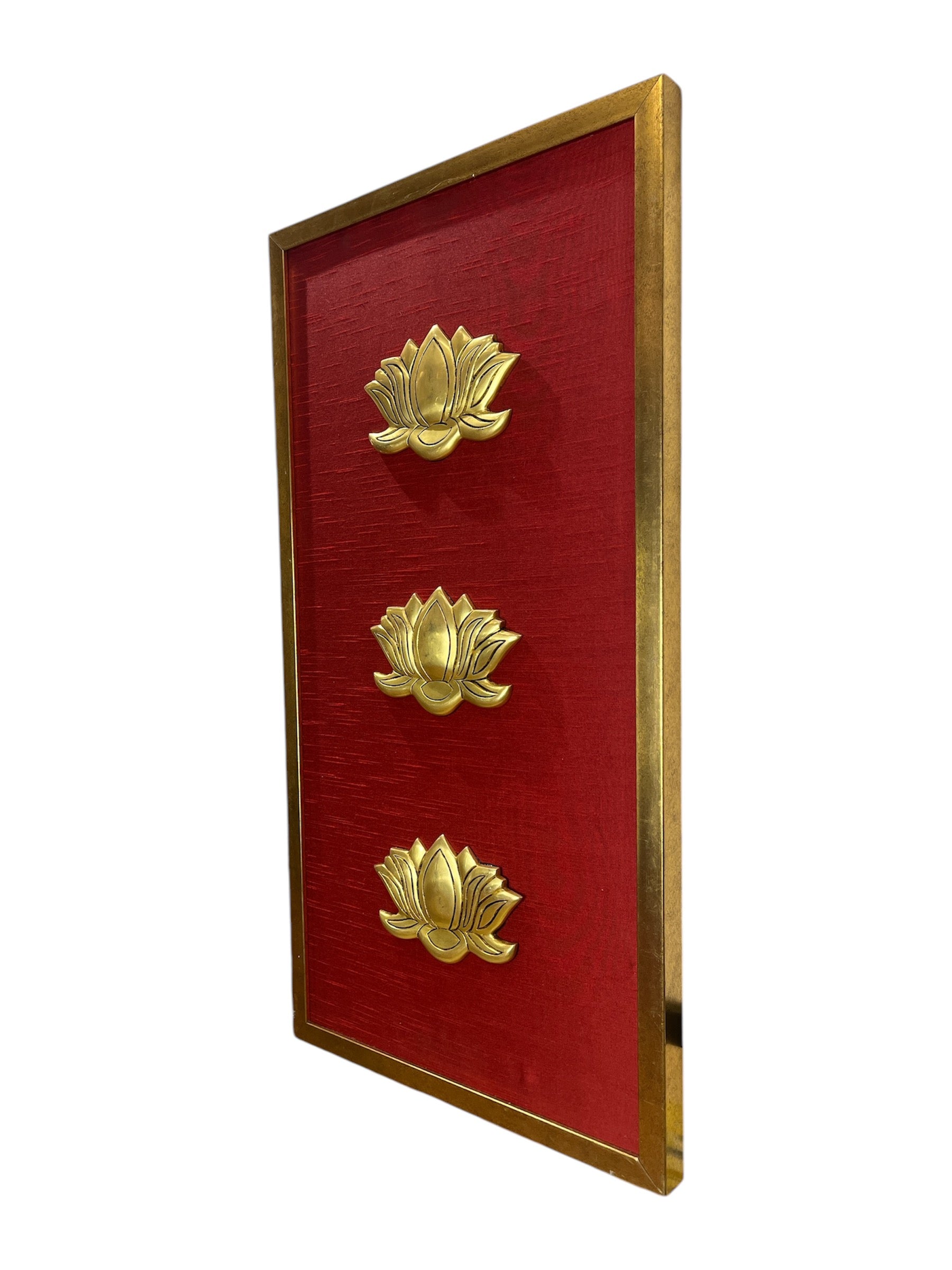 Brass Lotus with Red Silk Backdrop in Golden box frame