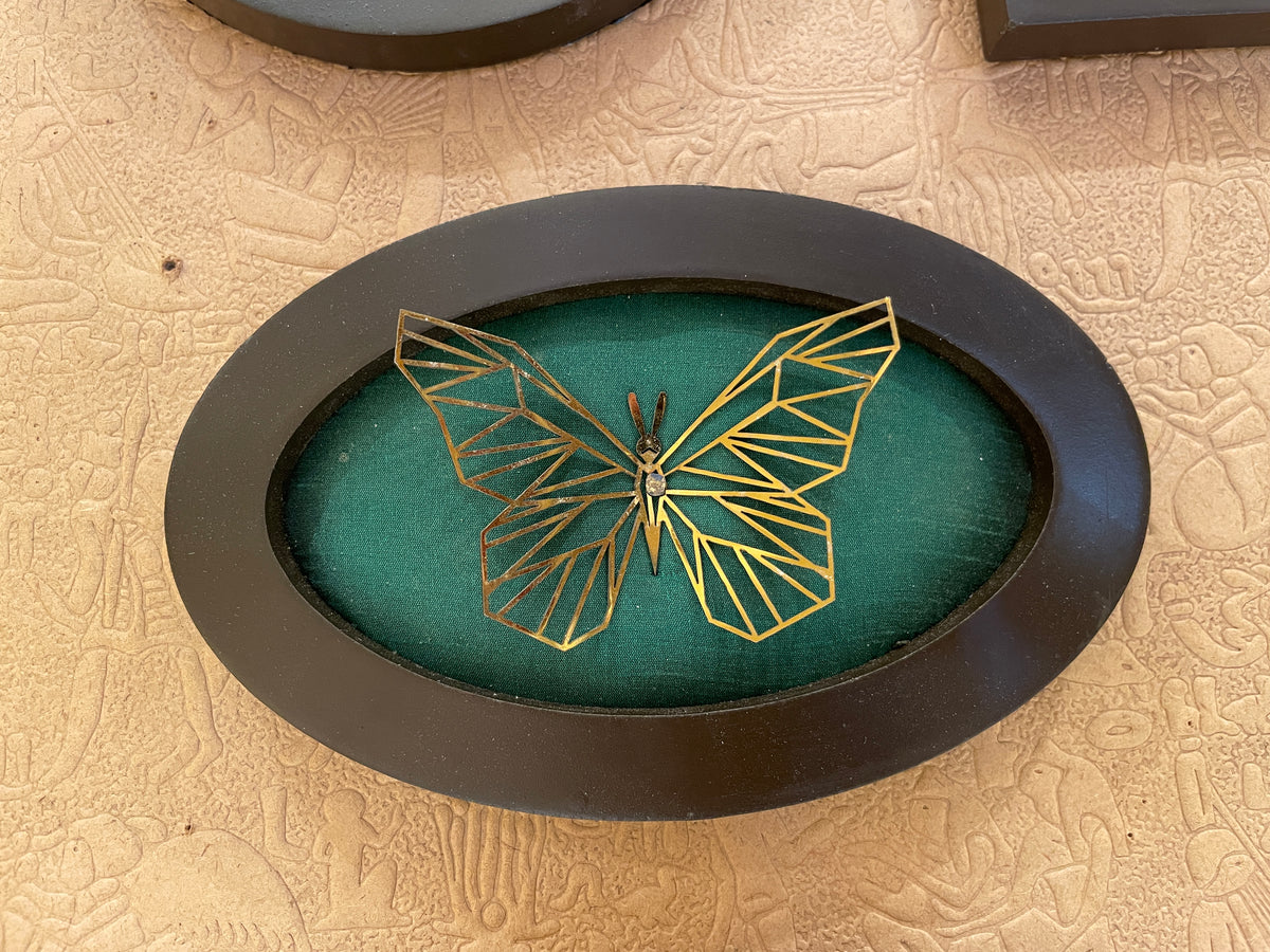 Butterfly Metal Wall Art on Green Silk | Engineered Waterproof Wooden Frame | Luxury Home Decor by Estudio