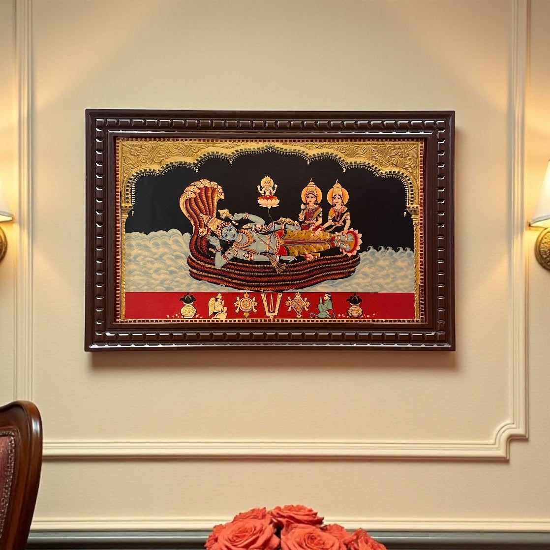 Ananthashayana (Mahavishnu with Sridevi and Bhoodevi) Gold Leafed Art With Wooden Frame