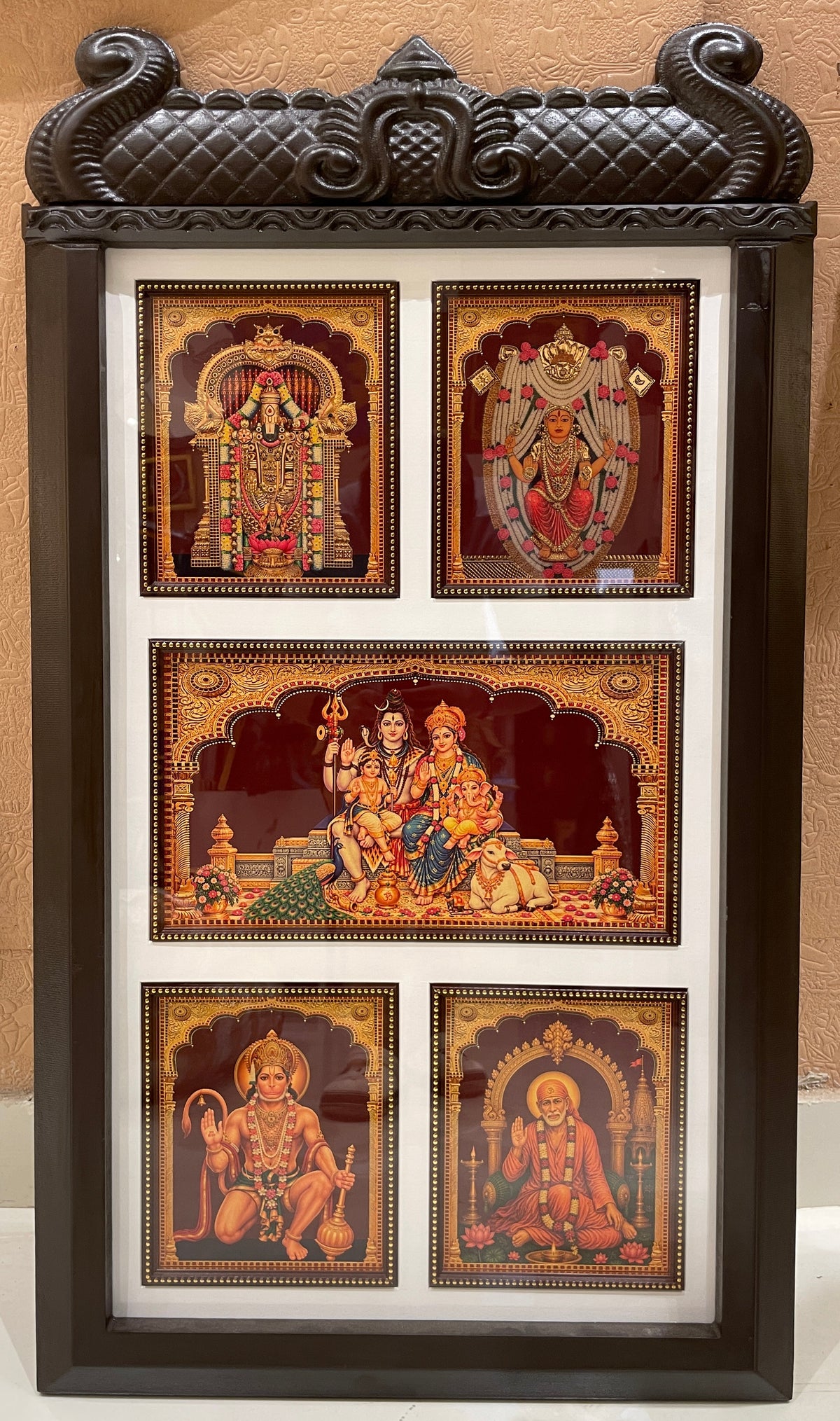 5 Gods in One Frame Gold Leaf Art with Temple Style Engineered Wooden Frame