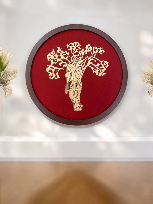 Krishna Beneath The Kalpavriksha with Wine Red silk Background within a circular Frame