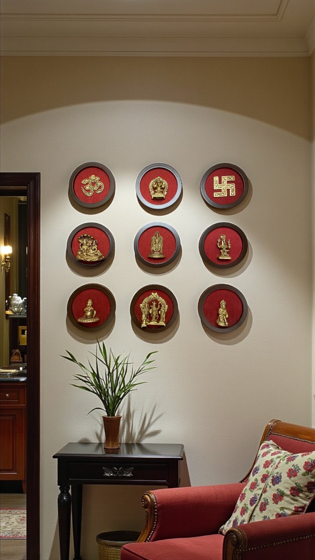 Brass Spiritual Wall Art Set – 9 Divine Plaques for Modern Pooja & Home Décor