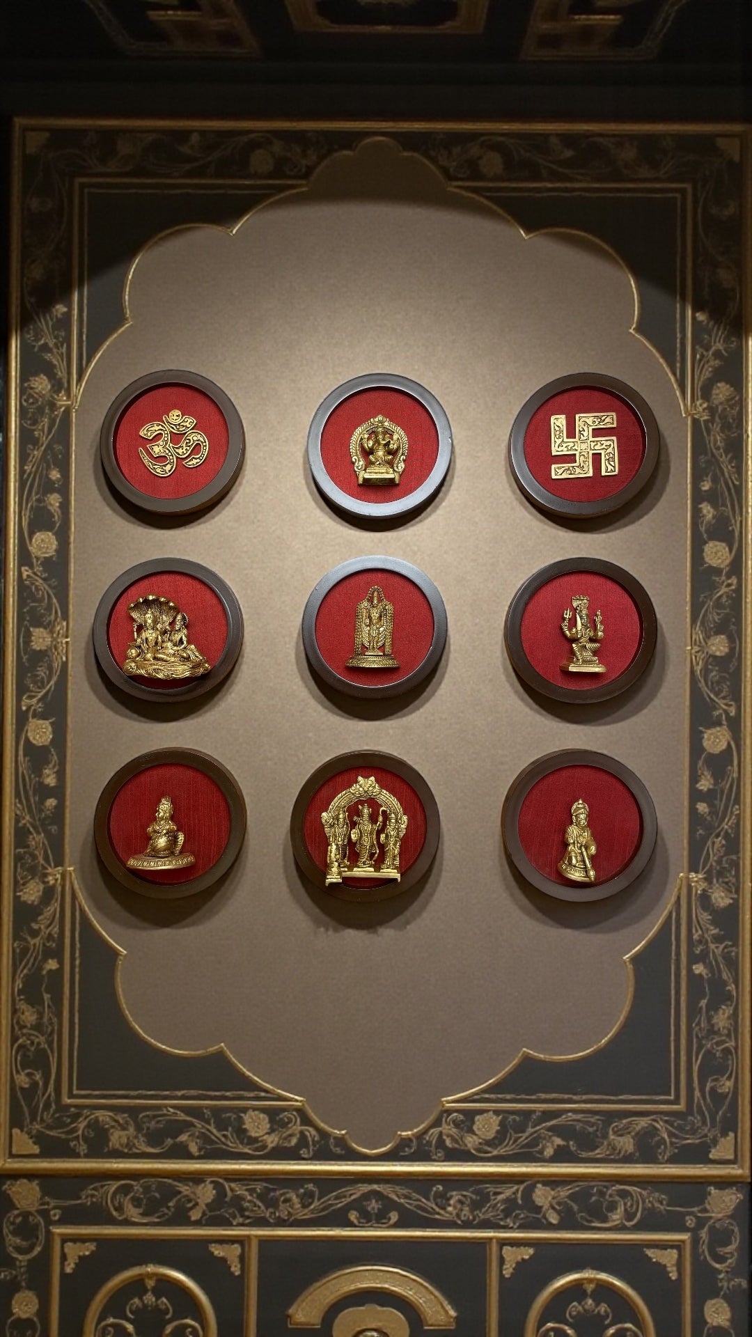 Brass Spiritual Wall Art Set – 9 Divine Plaques for Modern Pooja & Home Décor