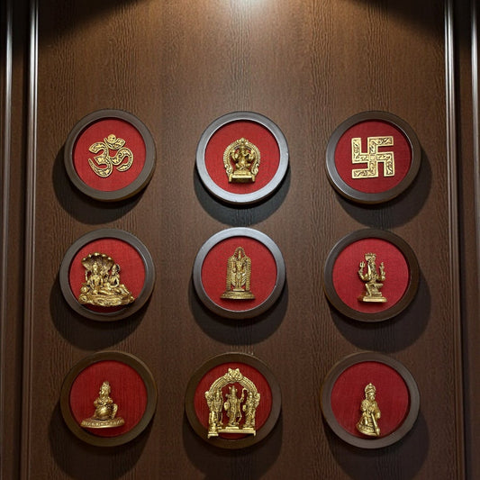 Brass Spiritual Wall Art Set – 9 Divine Plaques for Modern Pooja & Home Décor