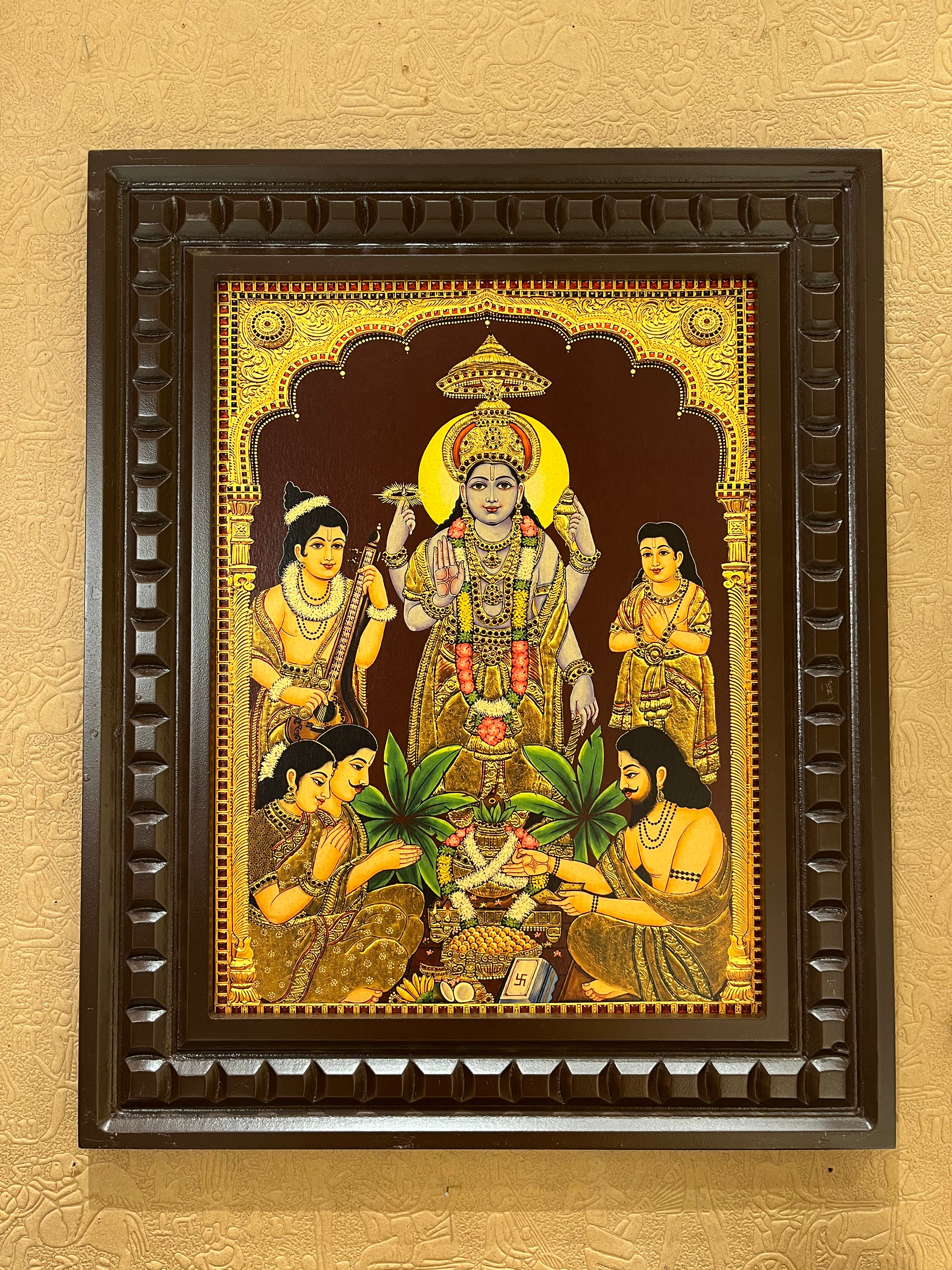 Shree Vishnu Satya Narayana Swaroop Gold Leaf Art Painting | Traditional Pooja Room Wall Decor | Premium Wooden Frame by ESTUDIO