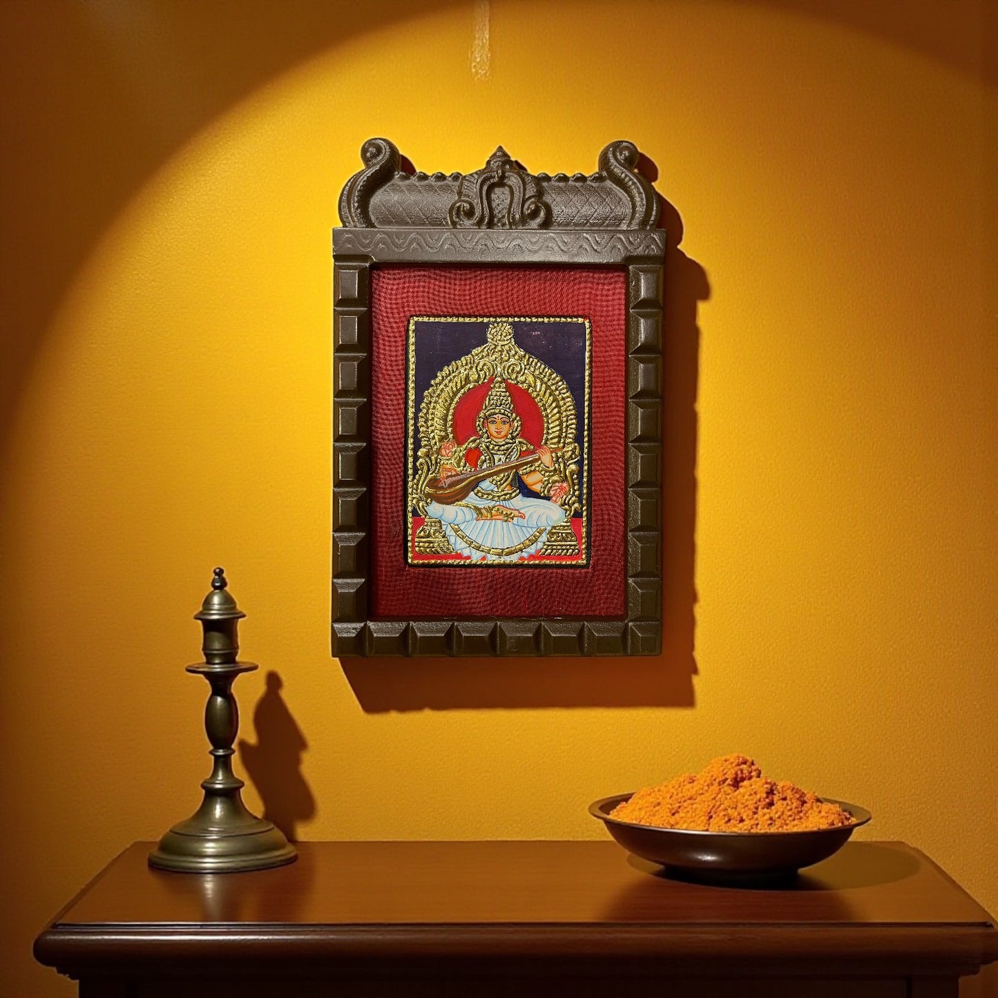 Goddess Saraswati on White Lotus Tanjore Painting