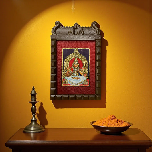 Goddess Saraswati on White Lotus Tanjore Painting