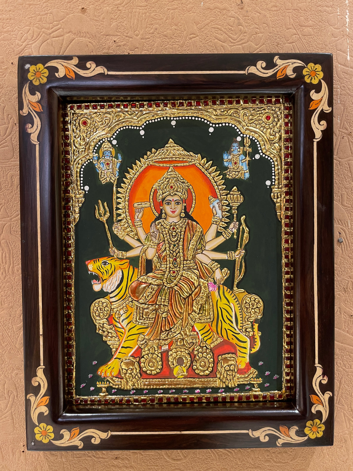 Durga Devi Original Hand-Painted Tanjore Painting | Premium Rosewood Frame | Traditional Divine Wall Art by ESTUDIO