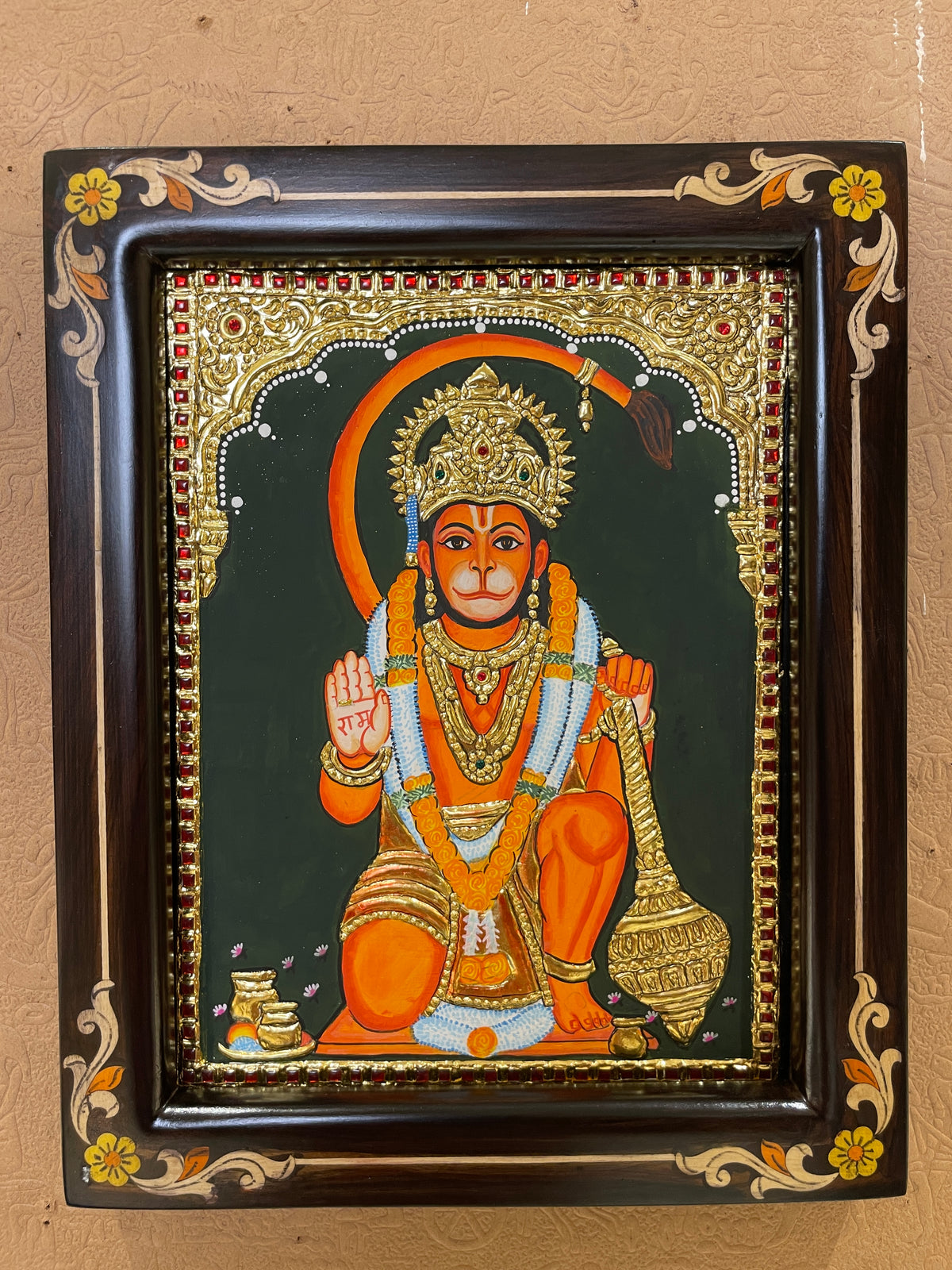 Lord Hanuman Original Hand-Painted Tanjore Painting | Premium Rosewood Frame | Divine Bajrangbali Wall Art by ESTUDIO