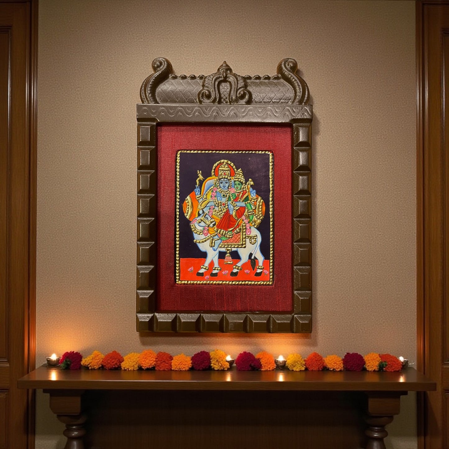 Shiva and Parvati on Nandi Tanjore Painting