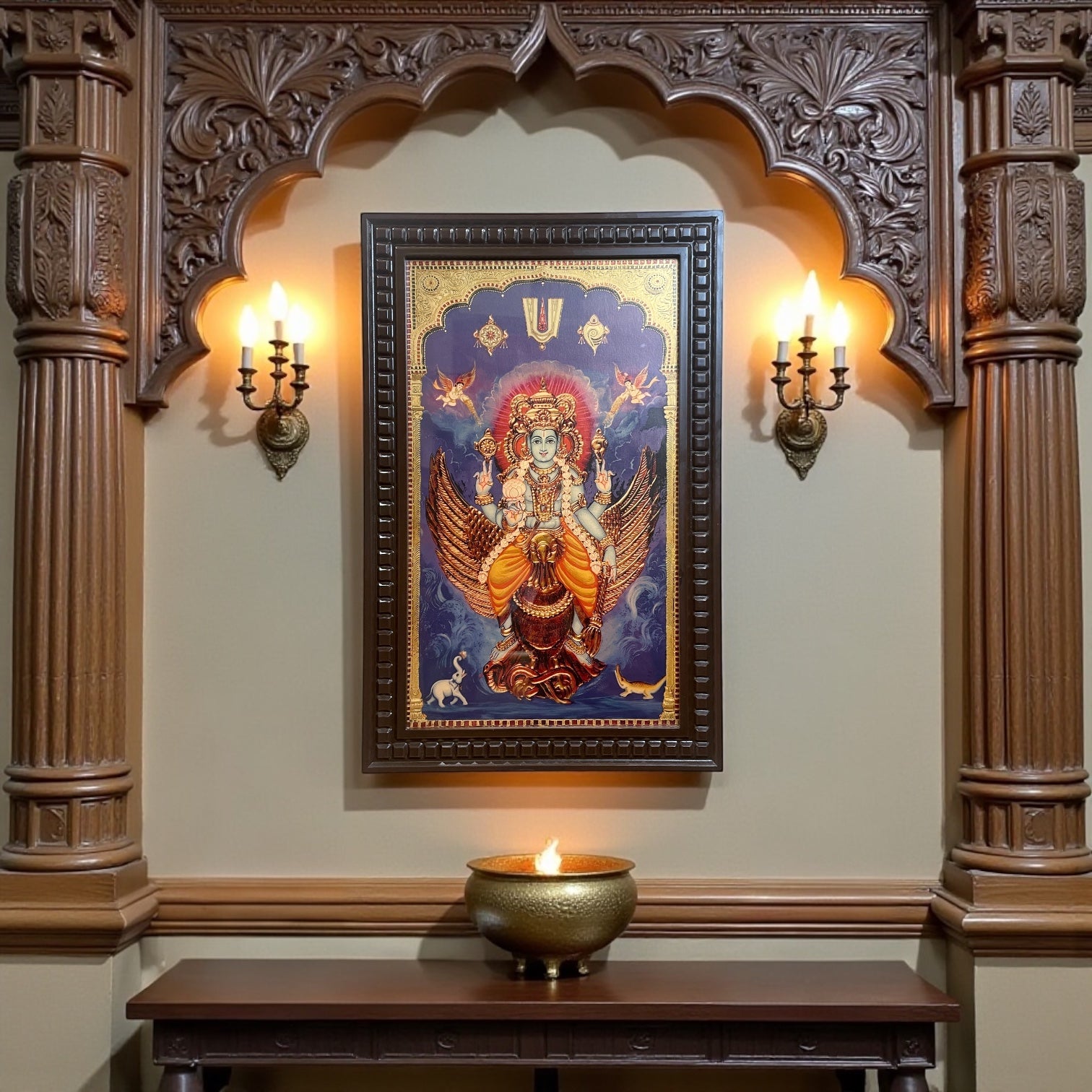 Vishnu: Mahavishnu  seated on his vahan Garud Gold Leafed Art  With Wooden Frame