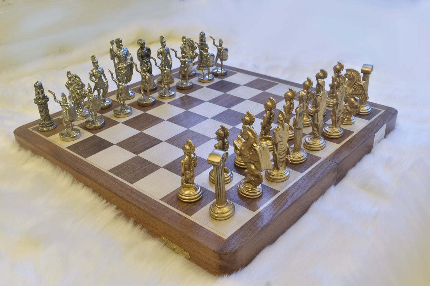 Ancient Greek Chess Set With Foldable Wooden Board (Metal)