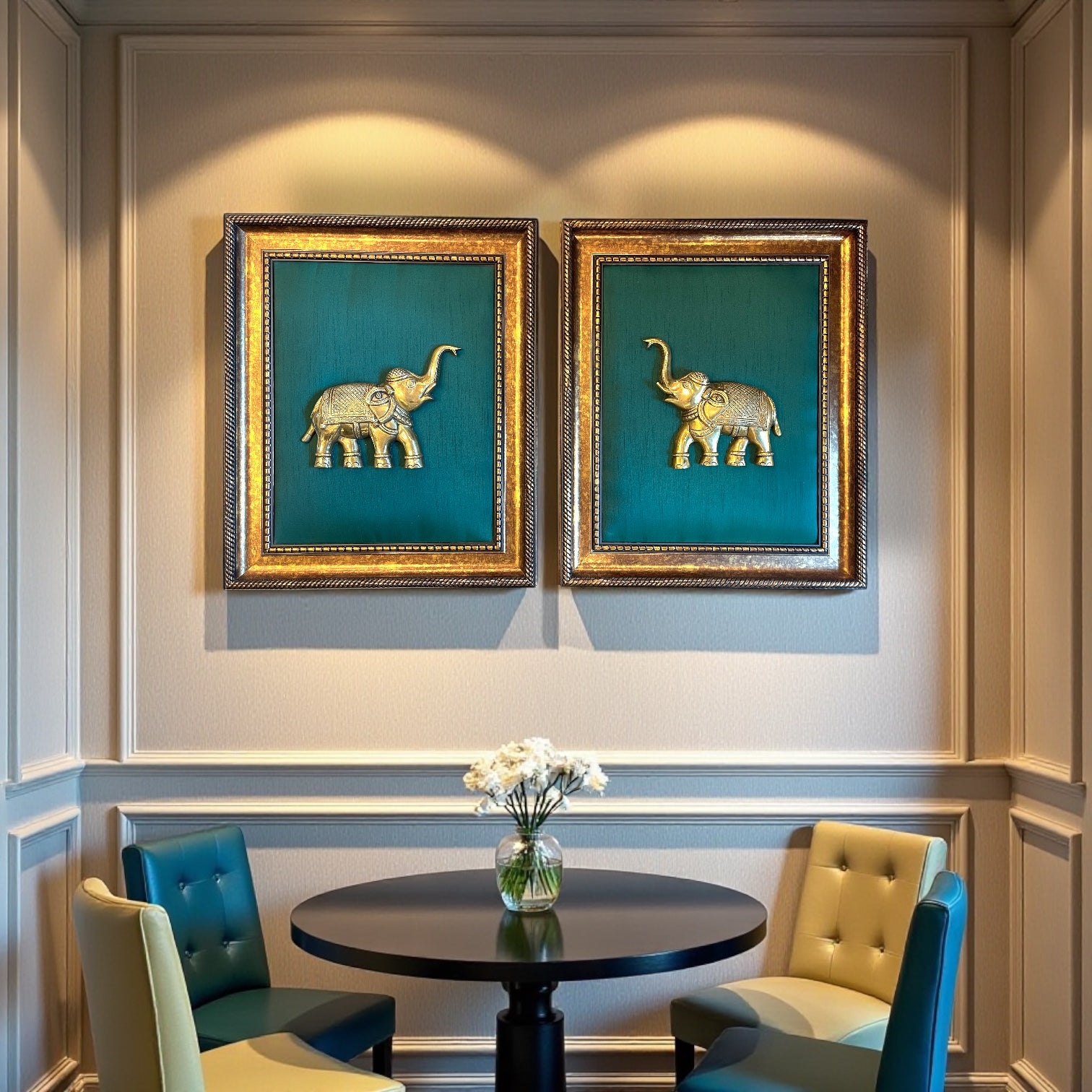Brass Elephant Pair with Rama Green Silk in Moulded copper finished frame