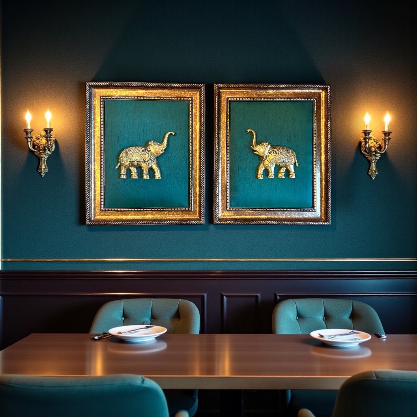 Brass Elephant 3 with Rama Green Silk in Wooden Frame – By Estudio
