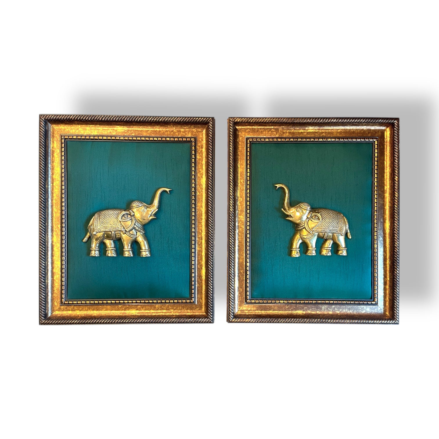 Brass Elephant Pair with Rama Green Silk in Moulded copper finished frame