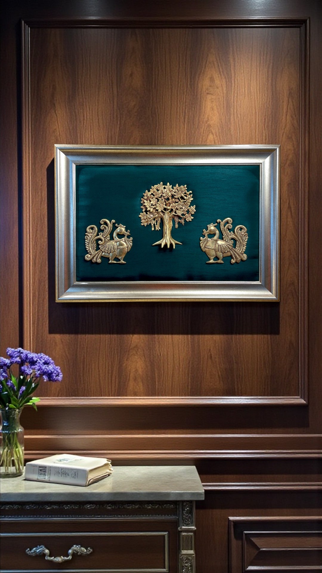 Kalpavriksha of Abundance – Brass Tree with Twin Peacocks on Elegant Emerald