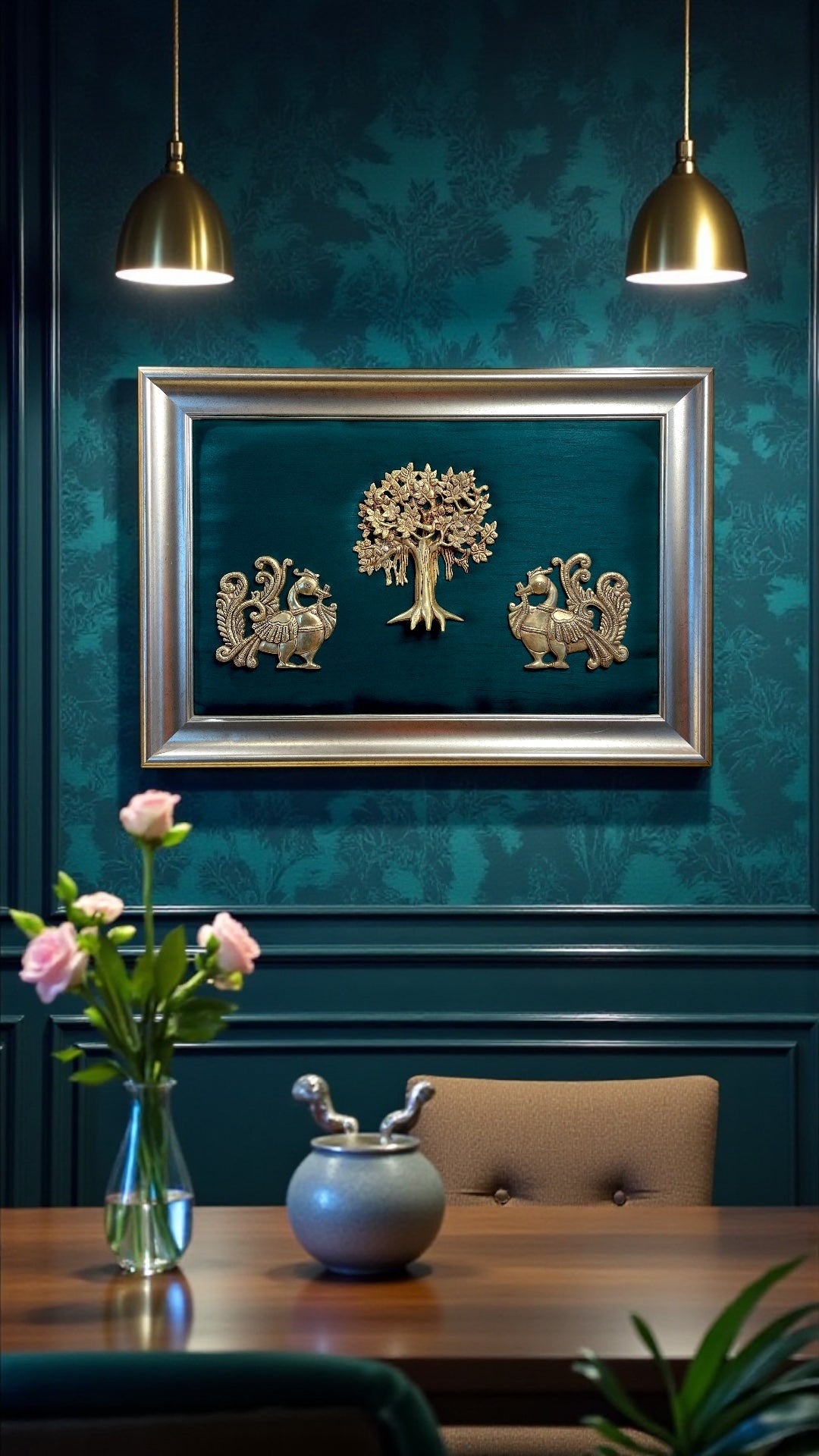 Kalpavriksha of Abundance – Brass Tree with Twin Peacocks on Elegant Emerald