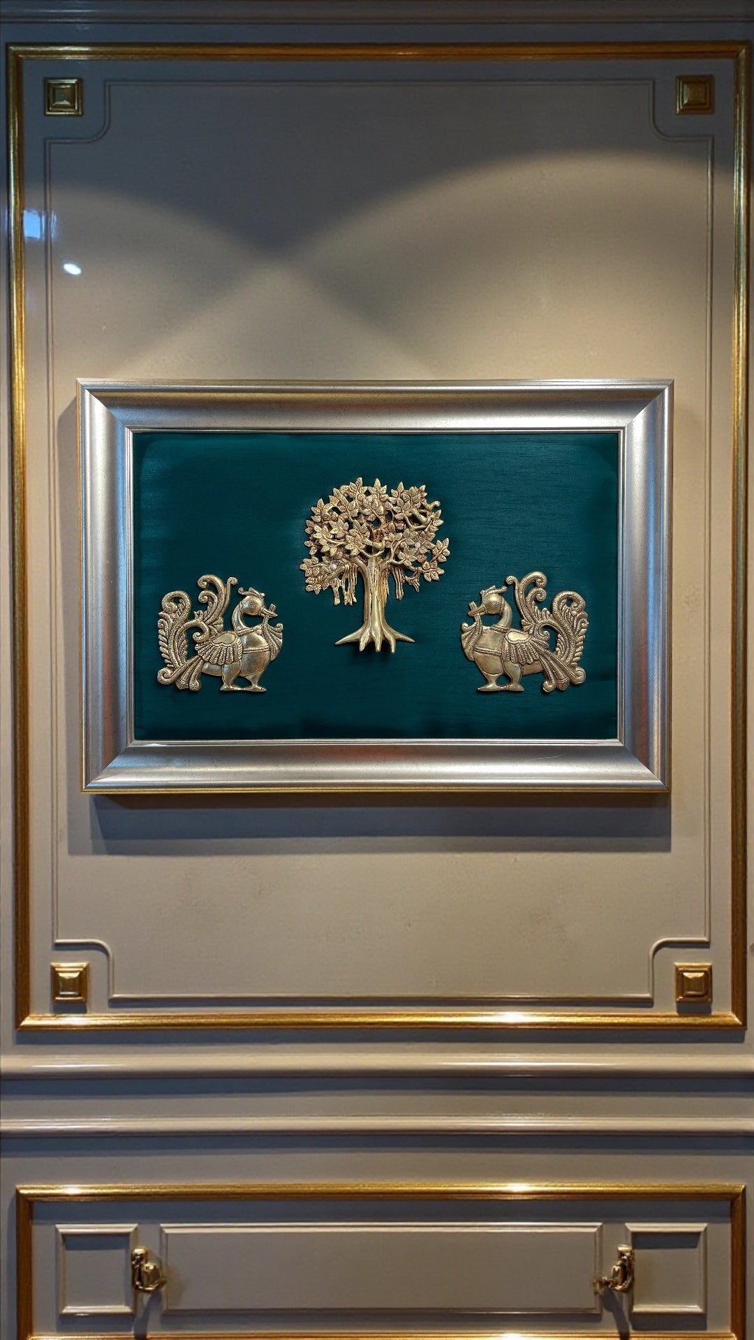 Kalpavriksha of Abundance – Brass Tree with Twin Peacocks on Elegant Emerald