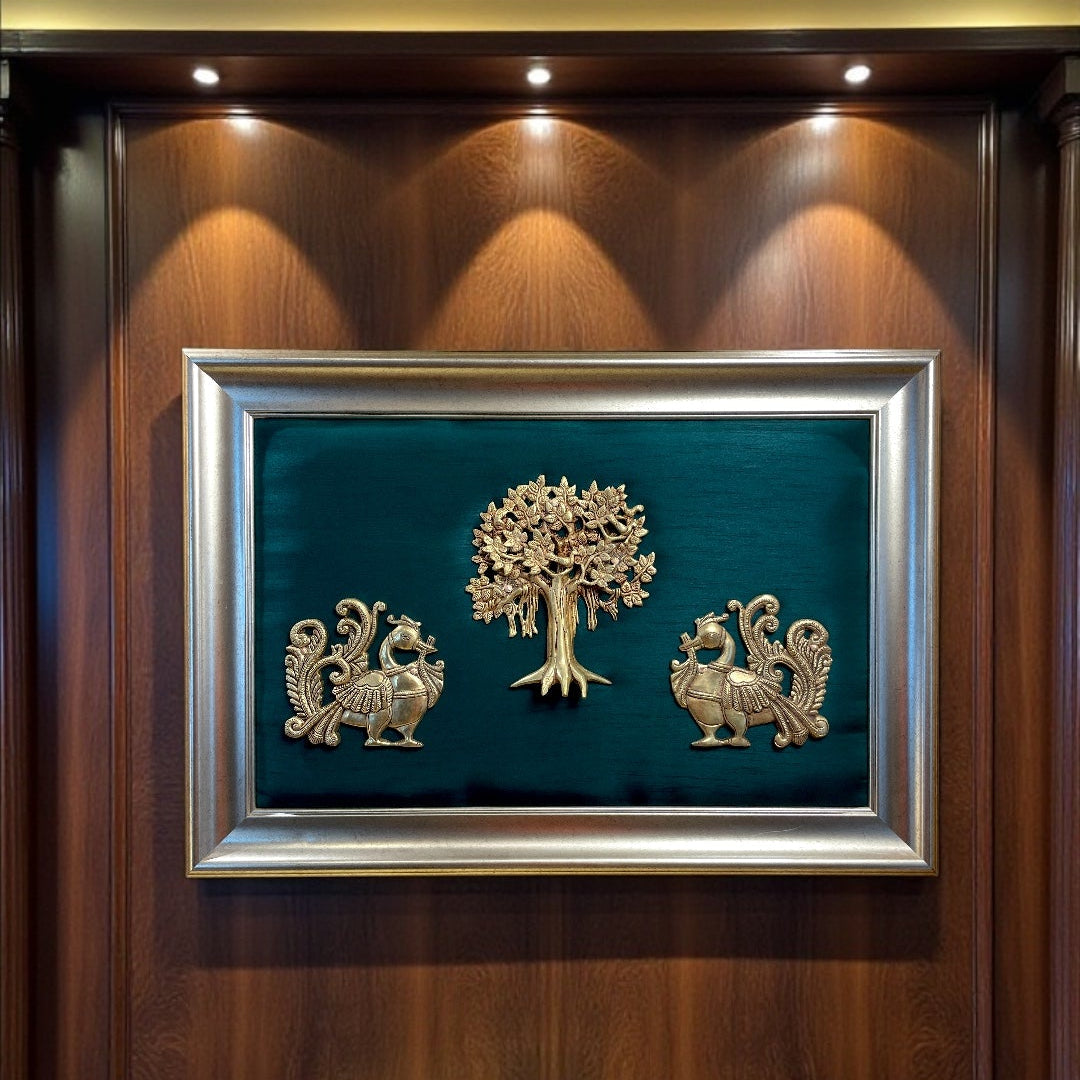 Kalpavriksha of Abundance – Brass Tree with Twin Peacocks on Elegant Emerald