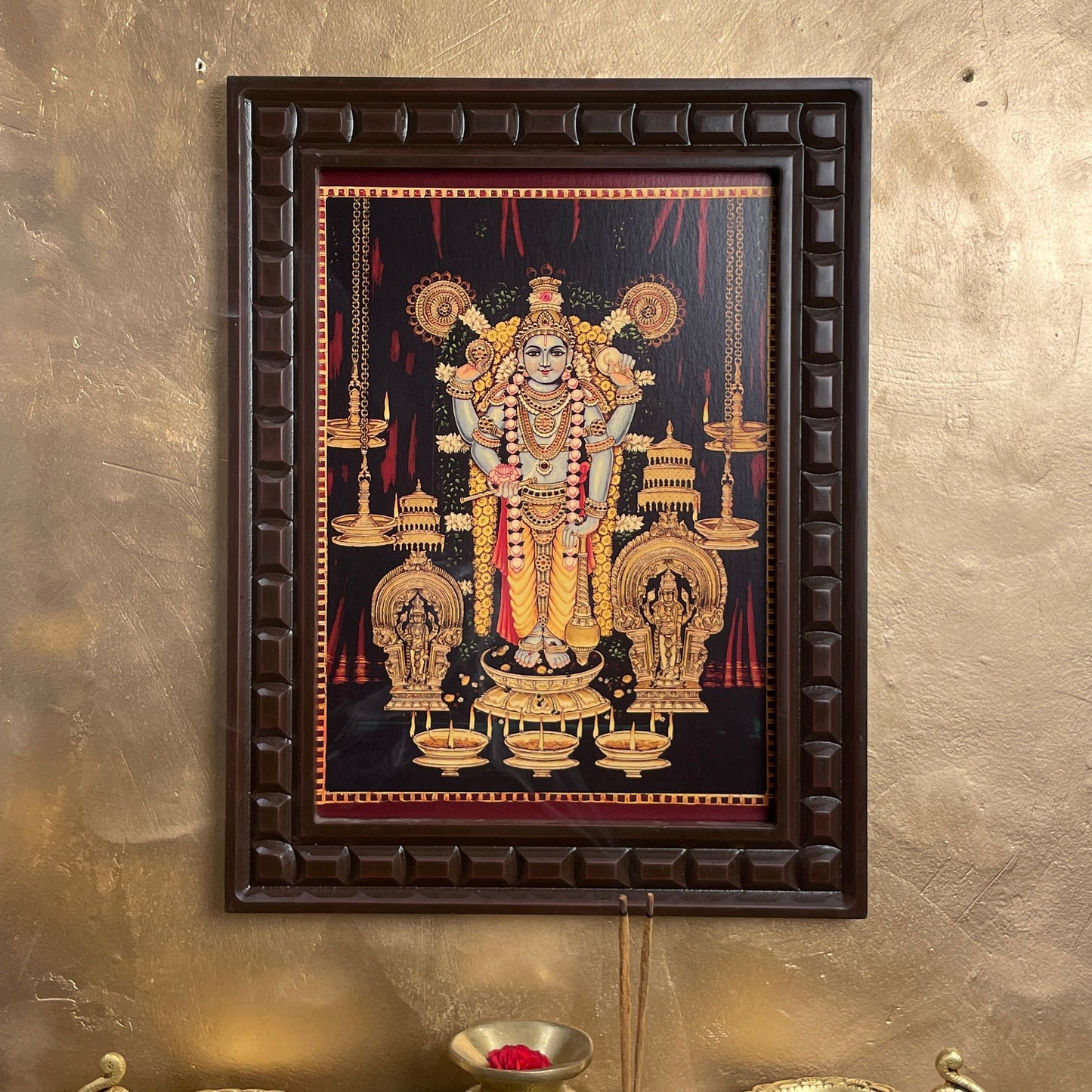 Guruvayurappan Gold Leafed Art With Wooden Frame