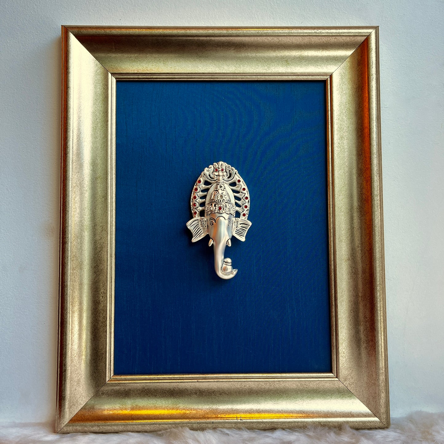 Sacred Ratna Kalash Ganesha on Blue Silk With Silver Frame