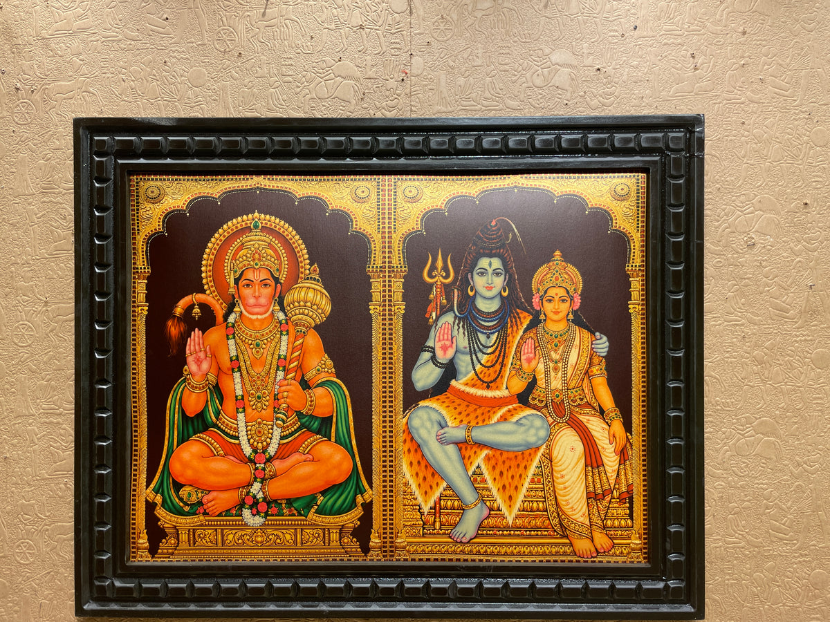Hanuman & Shiva Parvati Gold Leaf Art | 19 × 30 Inch Frame | Estudio