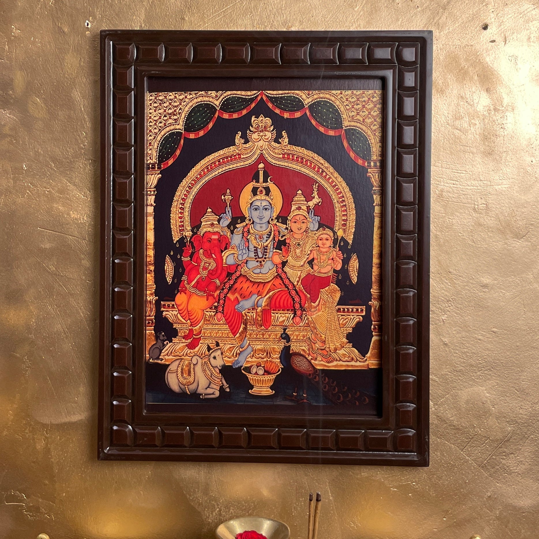 Shiva Parivar Blue Shiva Gold Leafed Art With Wooden Frame