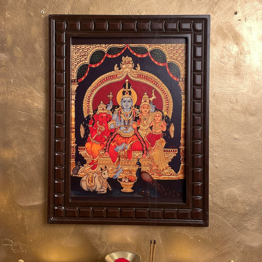 Shiva Parivar Blue Shiva Gold Leafed Art With Wooden Frame