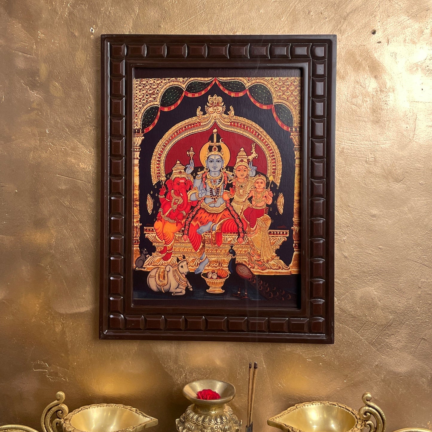 Shiva Parivar Blue Shiva Gold Leafed Art With Wooden Frame