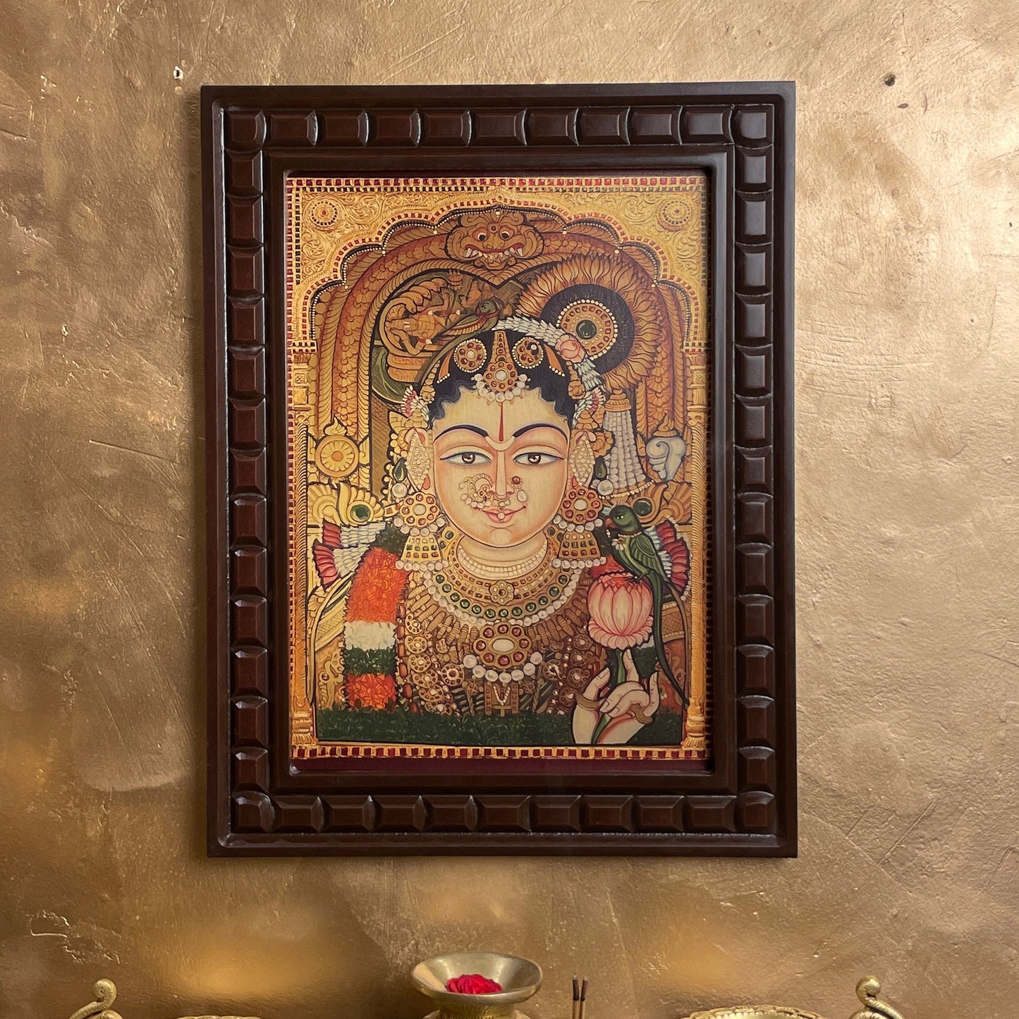 Mahalakshmi Thayar Gold-Leaf Artwork with Green Parrot & Padmanabhan