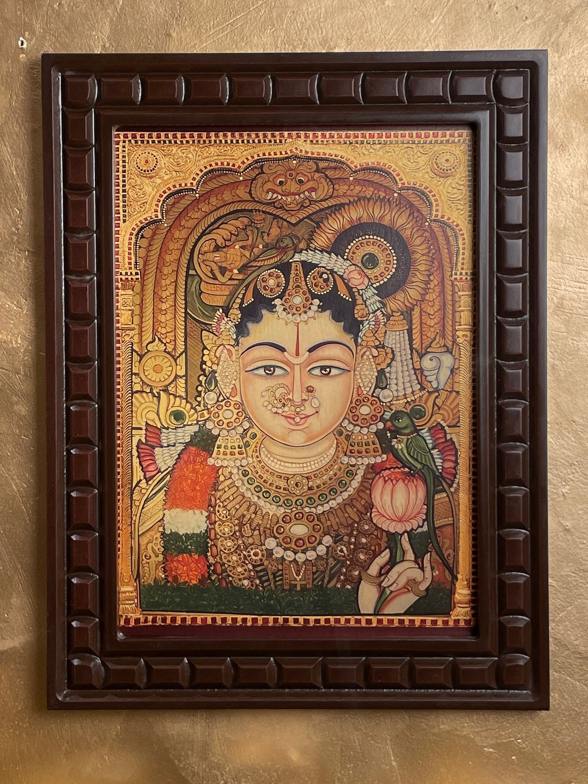 Mahalakshmi Thayar Gold-Leaf Artwork with Green Parrot & Padmanabhan
