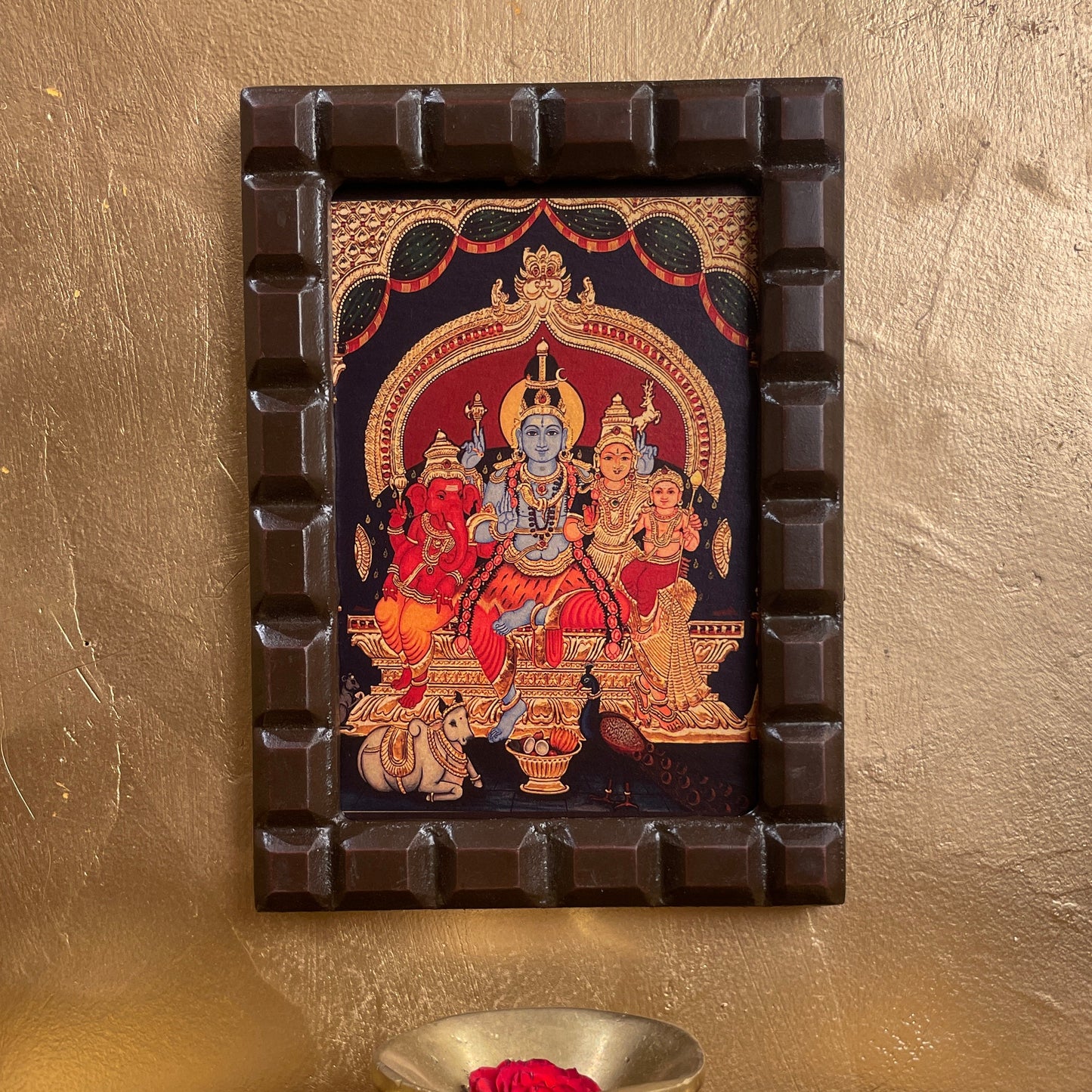 Shiva Parivar Blue Shiva Gold Leafed Art With Wooden Frame