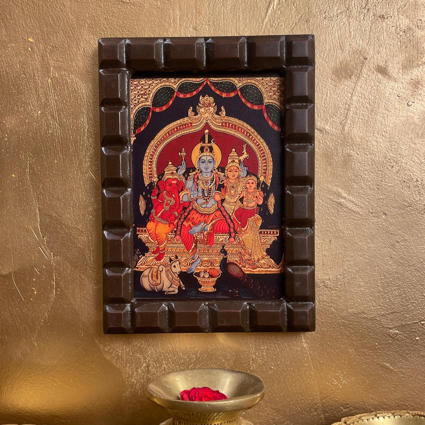Shiva Parivar Blue Shiva Gold Leafed Art With Wooden Frame