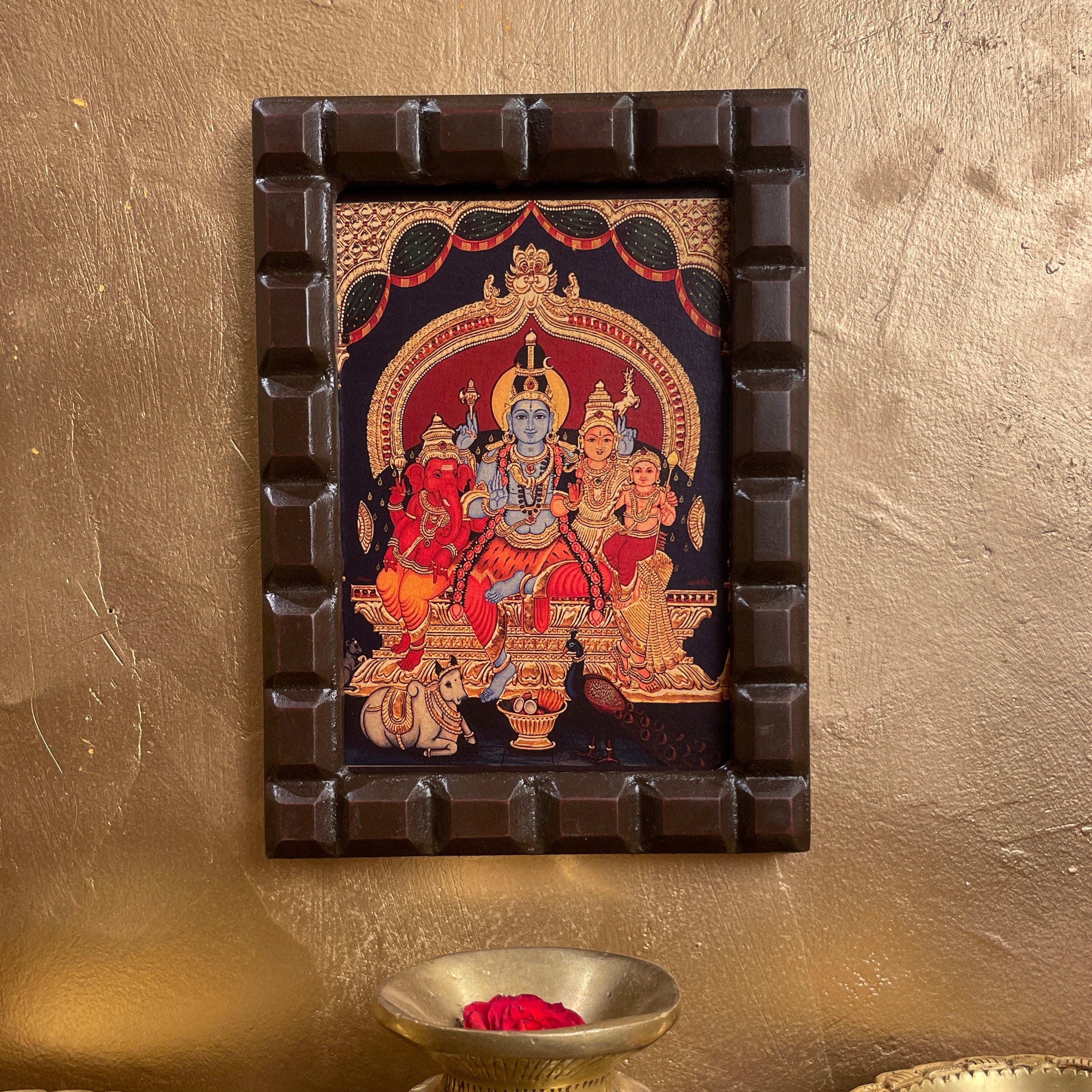 Shiva Parivar Blue Shiva Gold Leafed Art With Wooden Frame
