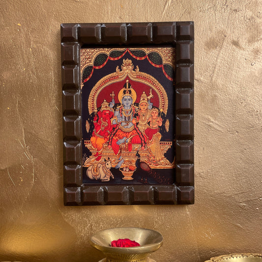 Shiva Parivar Blue Shiva Gold Leafed Art With Wooden Frame