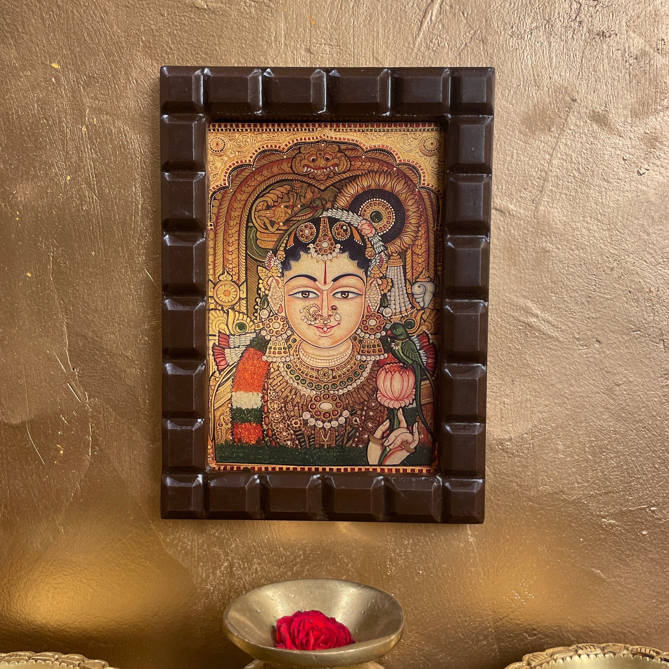 Mahalakshmi Thayar Andal with Green Parrot & Padmanabhan Gold-Leaf Artwork in wooden frame