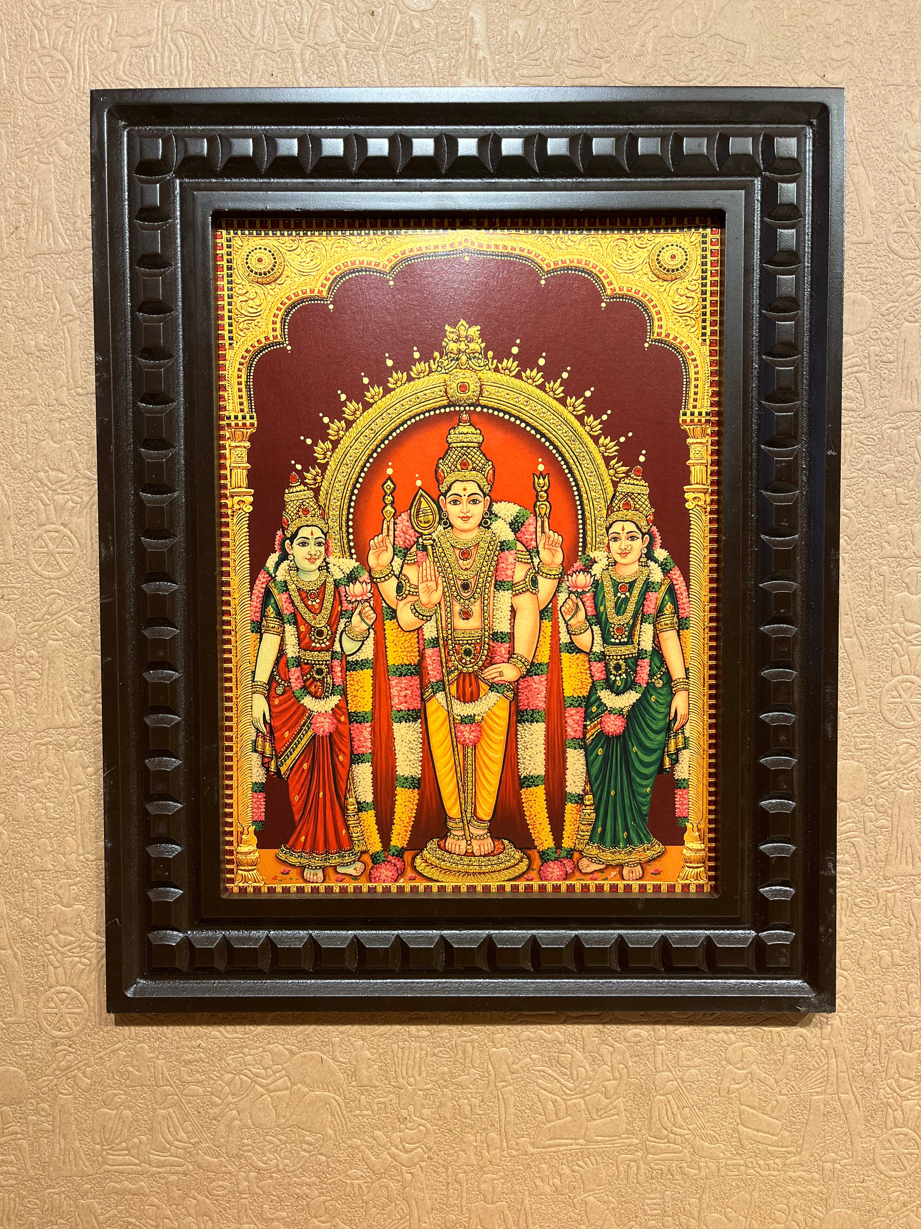 Murugan with Valli & Deivanai Gold Leaf Artwork in Engineered Wooden Frame | Premium Lord Murugan Wall Art for Pooja Room by ESTUDIO