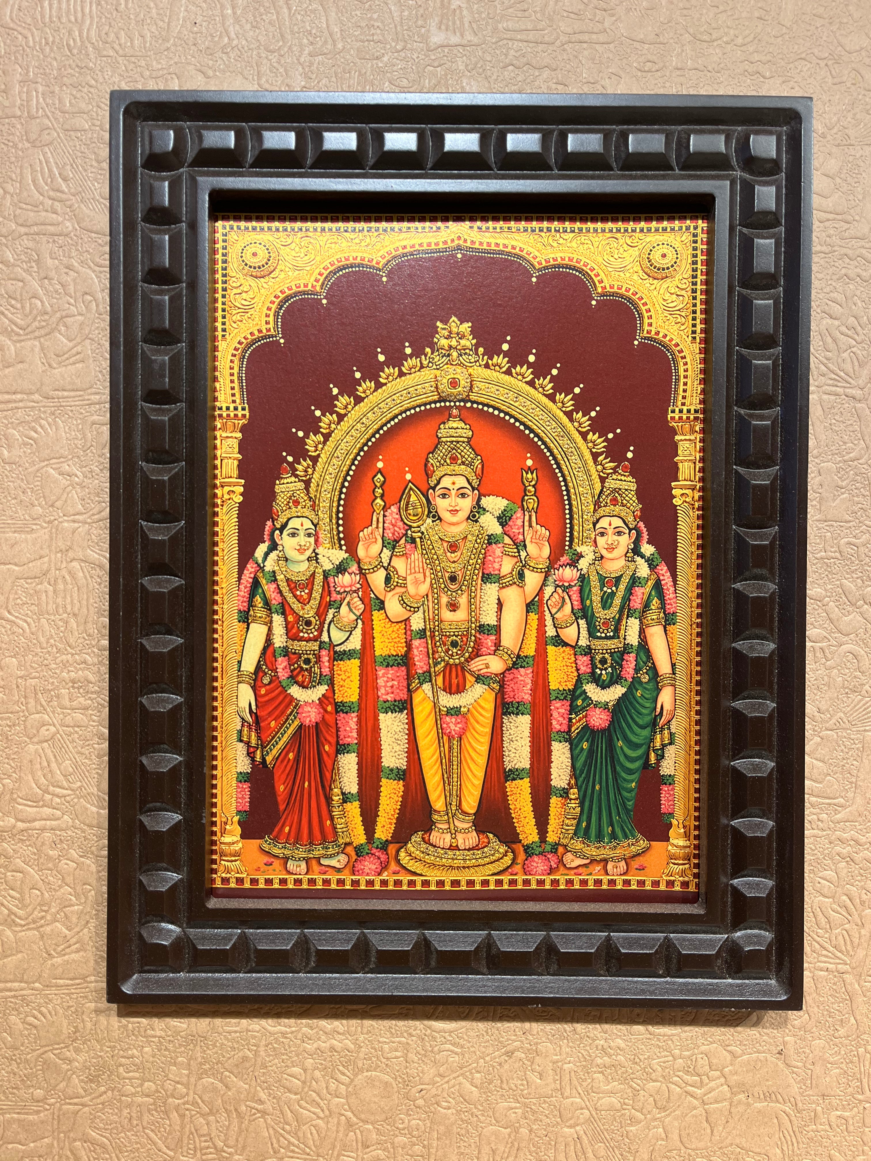 Murugan with Valli & Deivanai Gold Leaf Artwork in Engineered Wooden Frame | Premium Lord Murugan Wall Art for Pooja Room by ESTUDIO