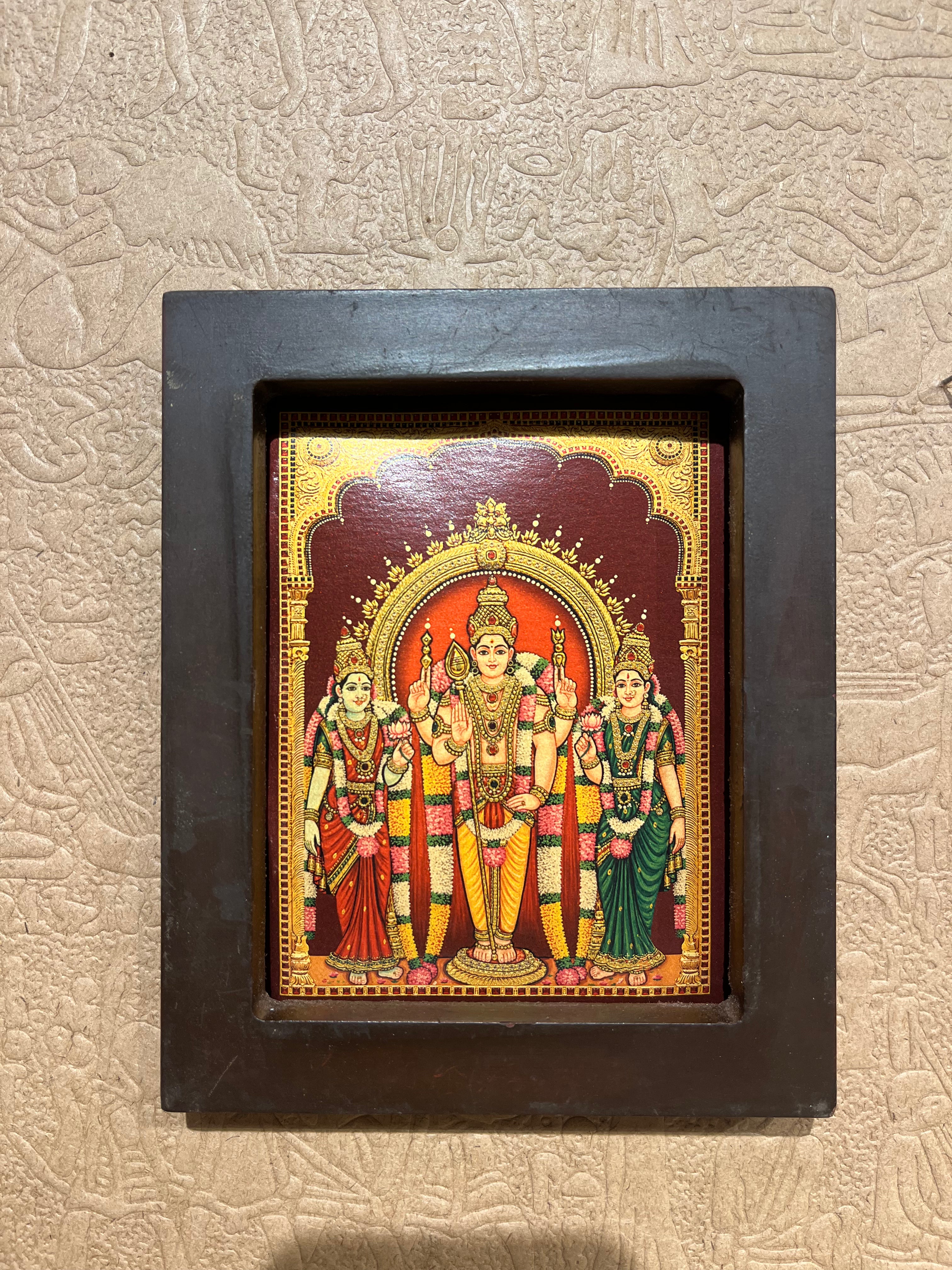 Murugan with Valli & Deivanai Gold Leaf Artwork in Engineered Wooden Frame | Premium Lord Murugan Wall Art for Pooja Room by ESTUDIO