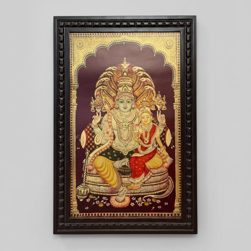 Wall Art Set Lakshmi Narayan Center, Flower Vase Pair Brass And Shanku Chakra Namam.