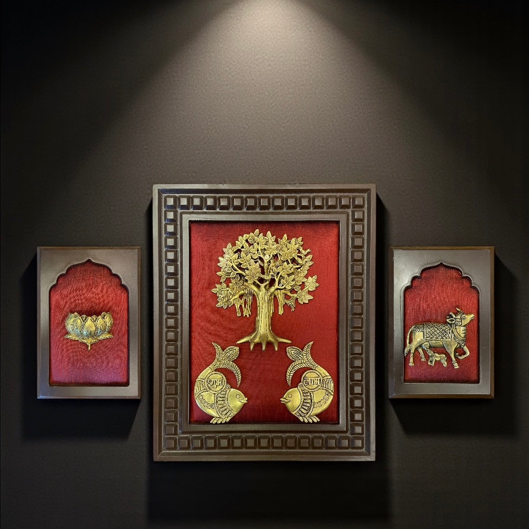 Brass Kalpavriksha Shubh Labh and kamadhenu, Lotus Wall Art