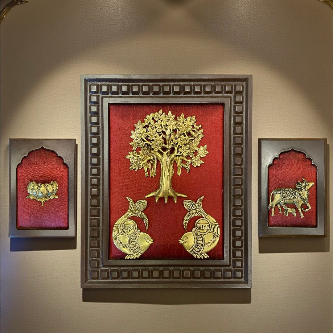 Brass Kalpavriksha Shubh Labh and kamadhenu, Lotus Wall Art