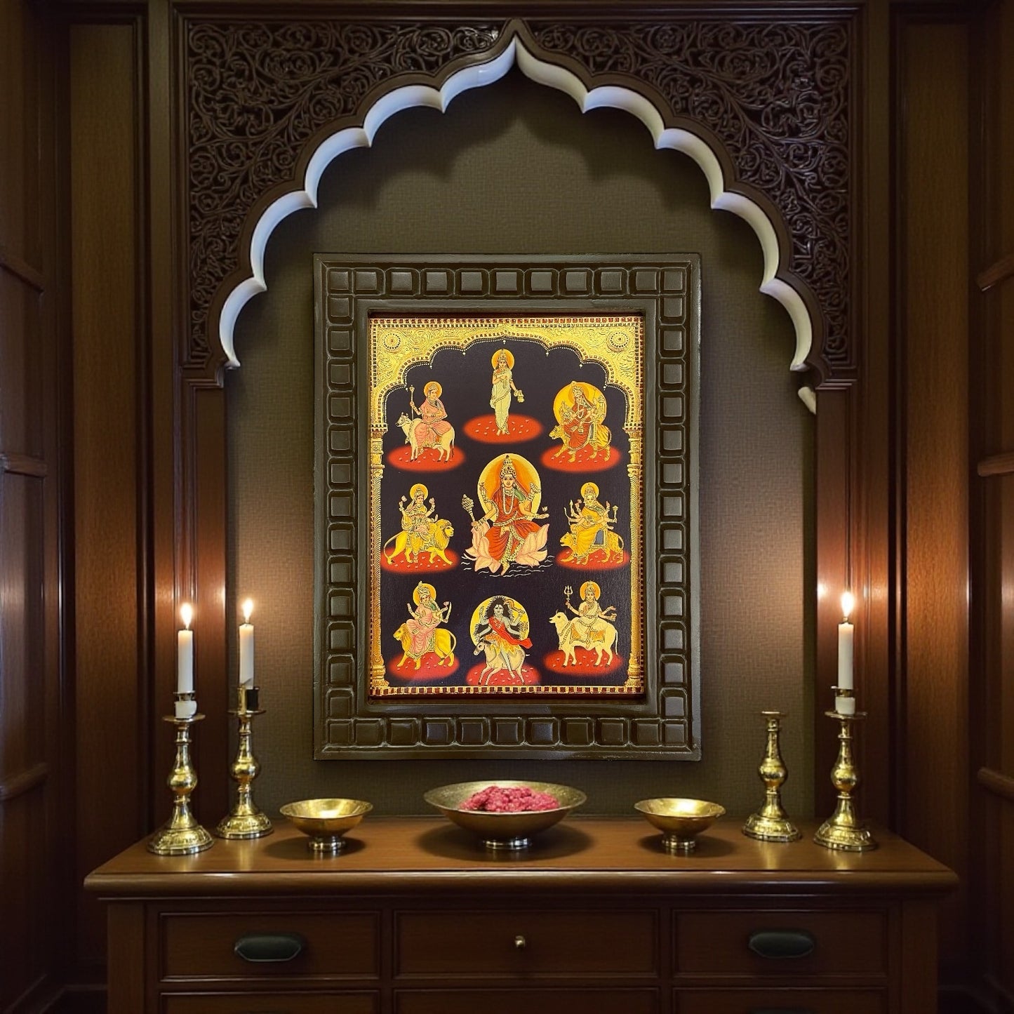 Nava Durga Gold Leafed Art in Wooden Frame